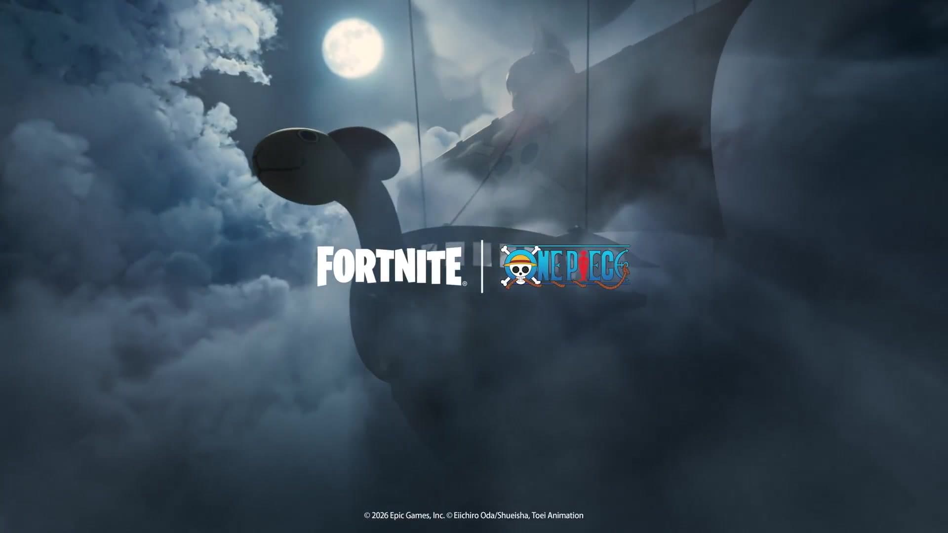 Going Merry, navio de One Piece, entre nuvens sob a lua no teaser da colaboração com Fortnite, com os logos dos dois