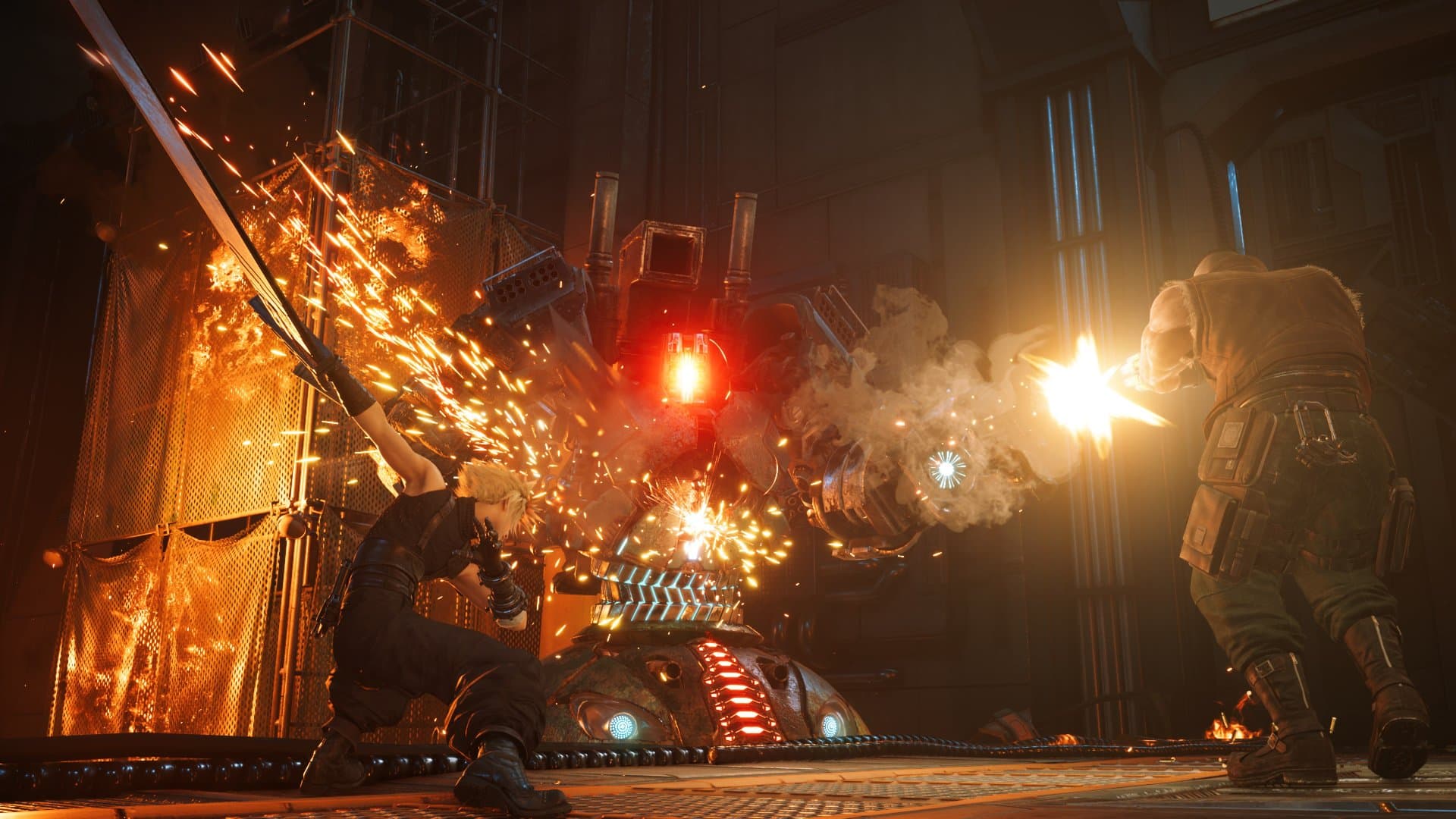 Cloud e Barret enfrentam um robô em Final Fantasy VII Remake Intergrade.