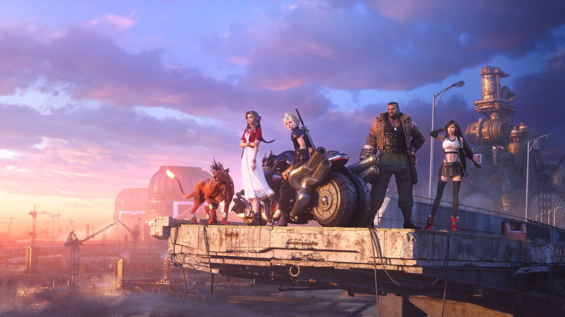 Arte oficial de Final Fantasy VII Remake Intergrade com Cloud, Aerith, Tifa, Barret e Red XIII sobre um viaduto de Midgar ao entardecer