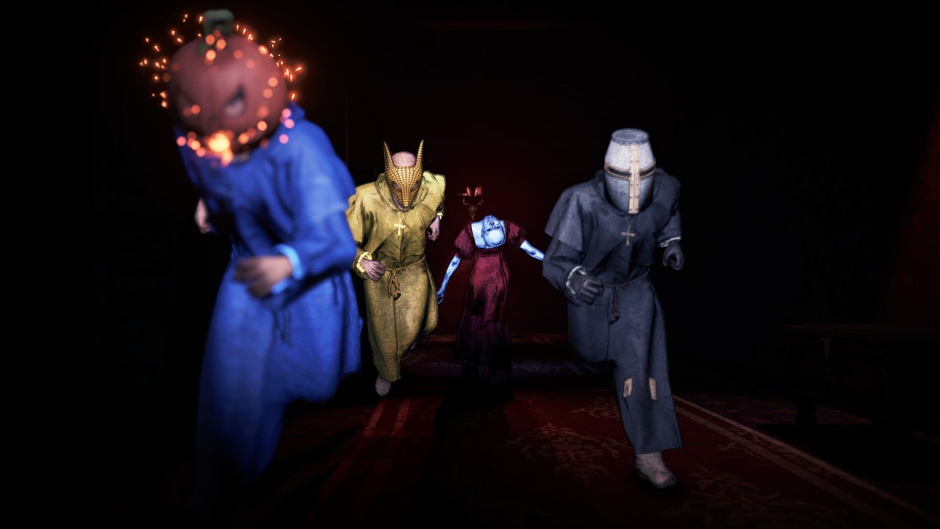 Quatro jogadores mascarados fogem correndo de uma figura sinistra num corredor escuro de Gateholt