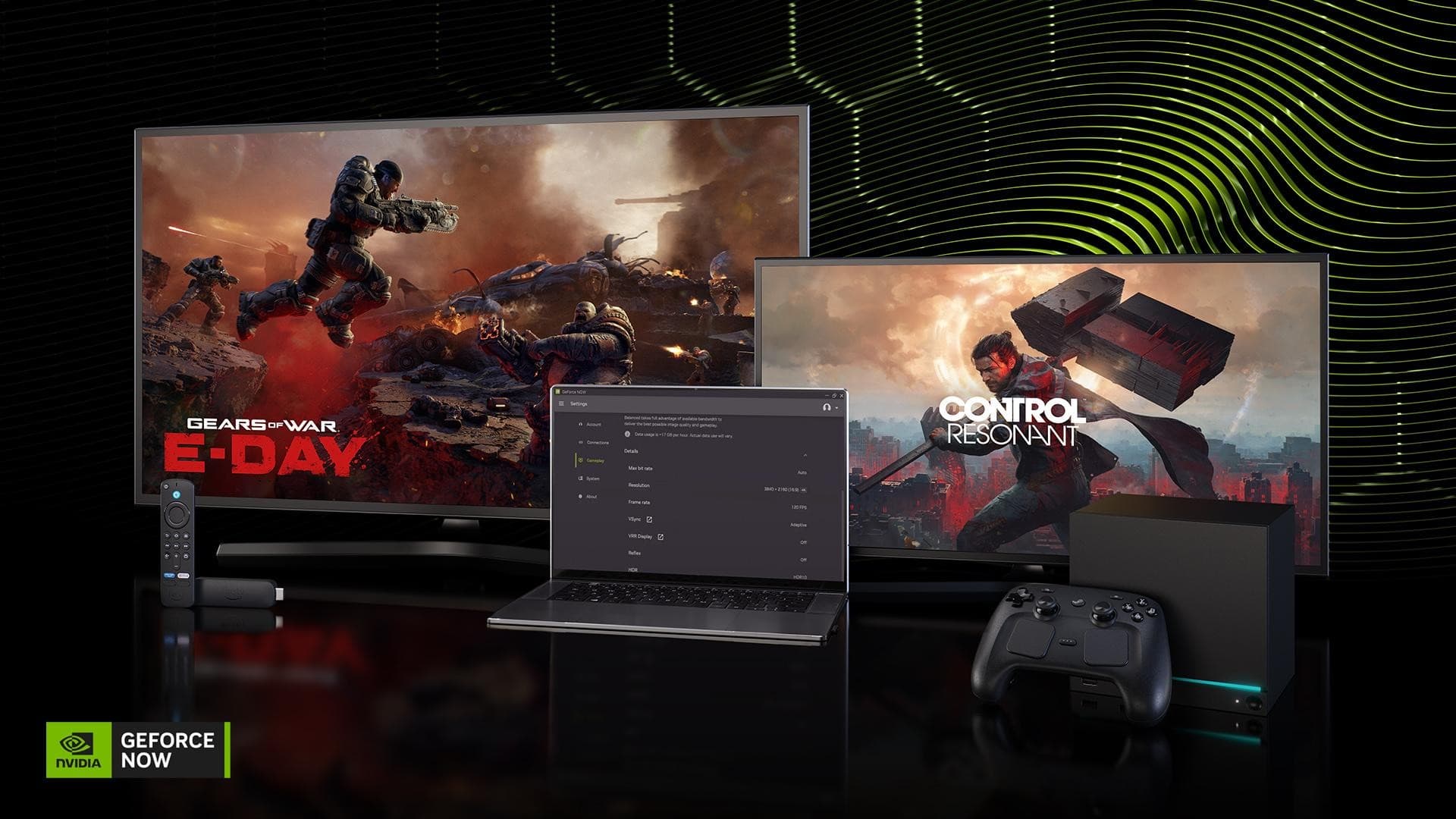Arte oficial do GeForce NOW com Gears of War: E-Day, CONTROL Resonant e o menu de controles do DLSS 4.5 em um notebook
