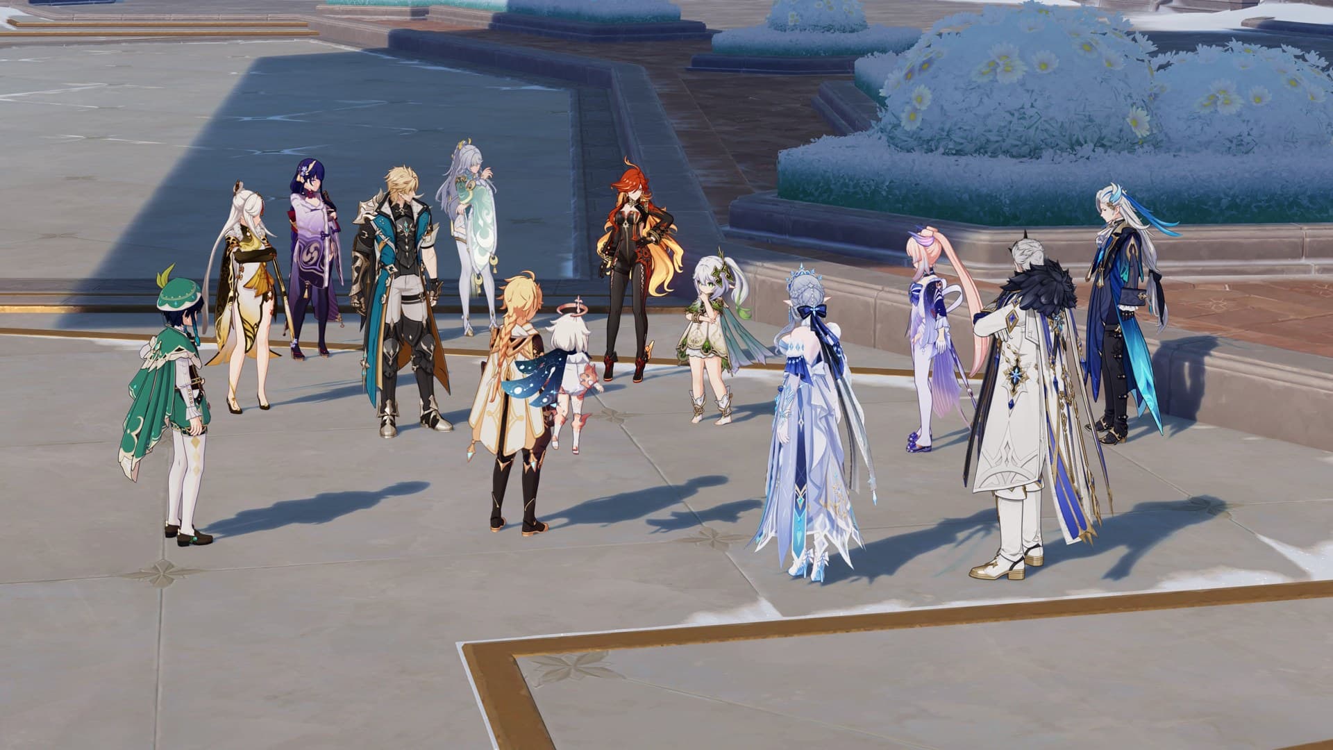 Personagens reunidos numa plataforma em cena de Genshin Impact, atualização 7.2 Hour of Ruin