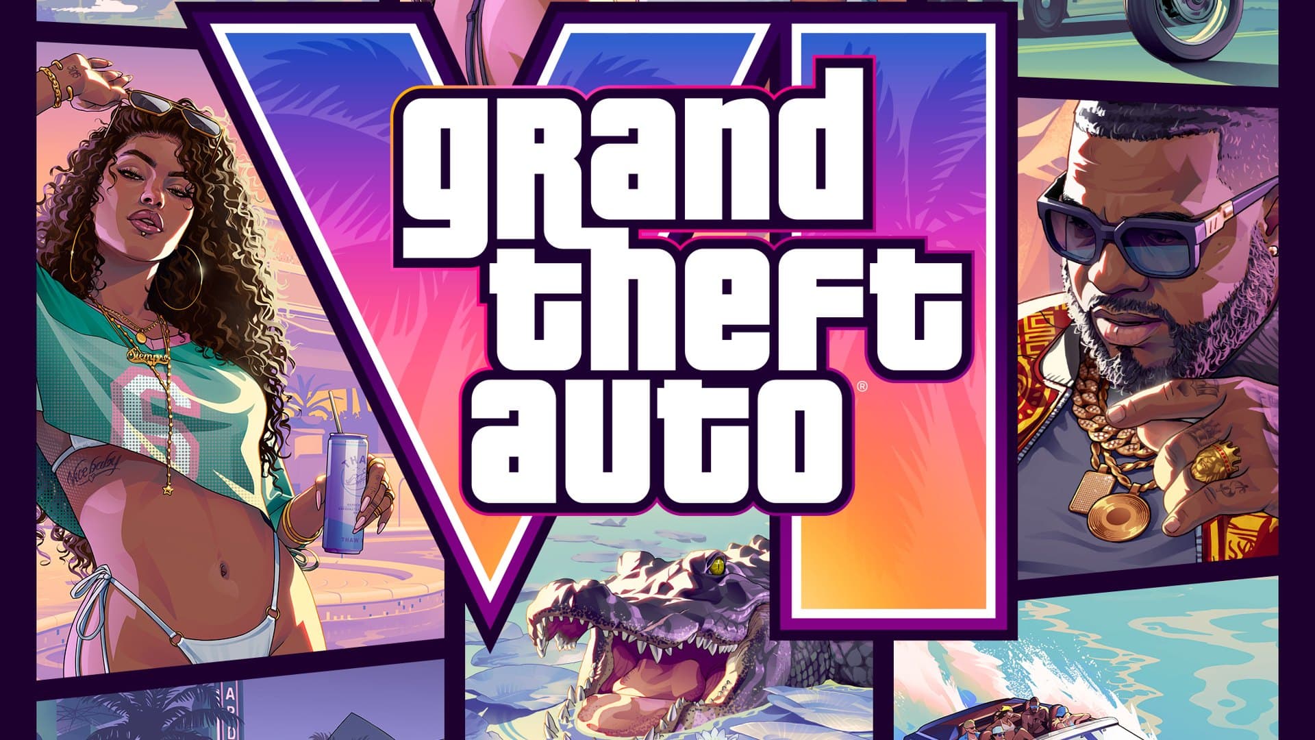 Arte oficial da capa da edição padrão de GTA 6, com o logotipo cercado por personagens e cenas de Vice City