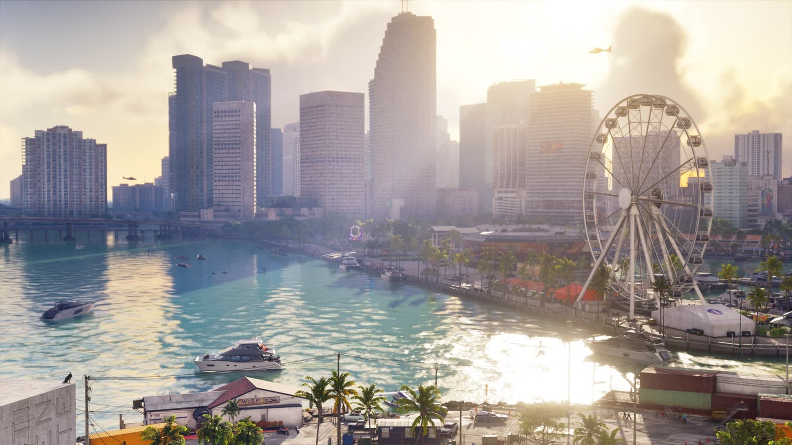 O horizonte de Vice City, com a roda-gigante à beira da baía.