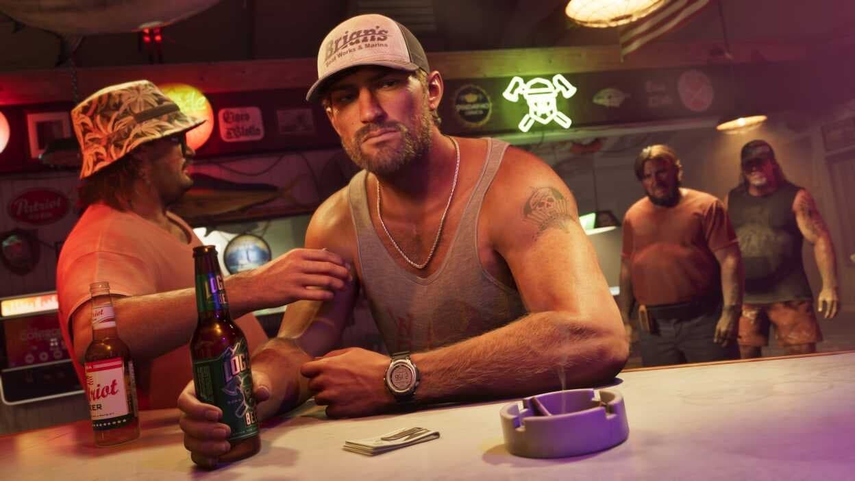 Jason em um posto de gasolina de Leonida, em imagem oficial de Grand Theft Auto VI