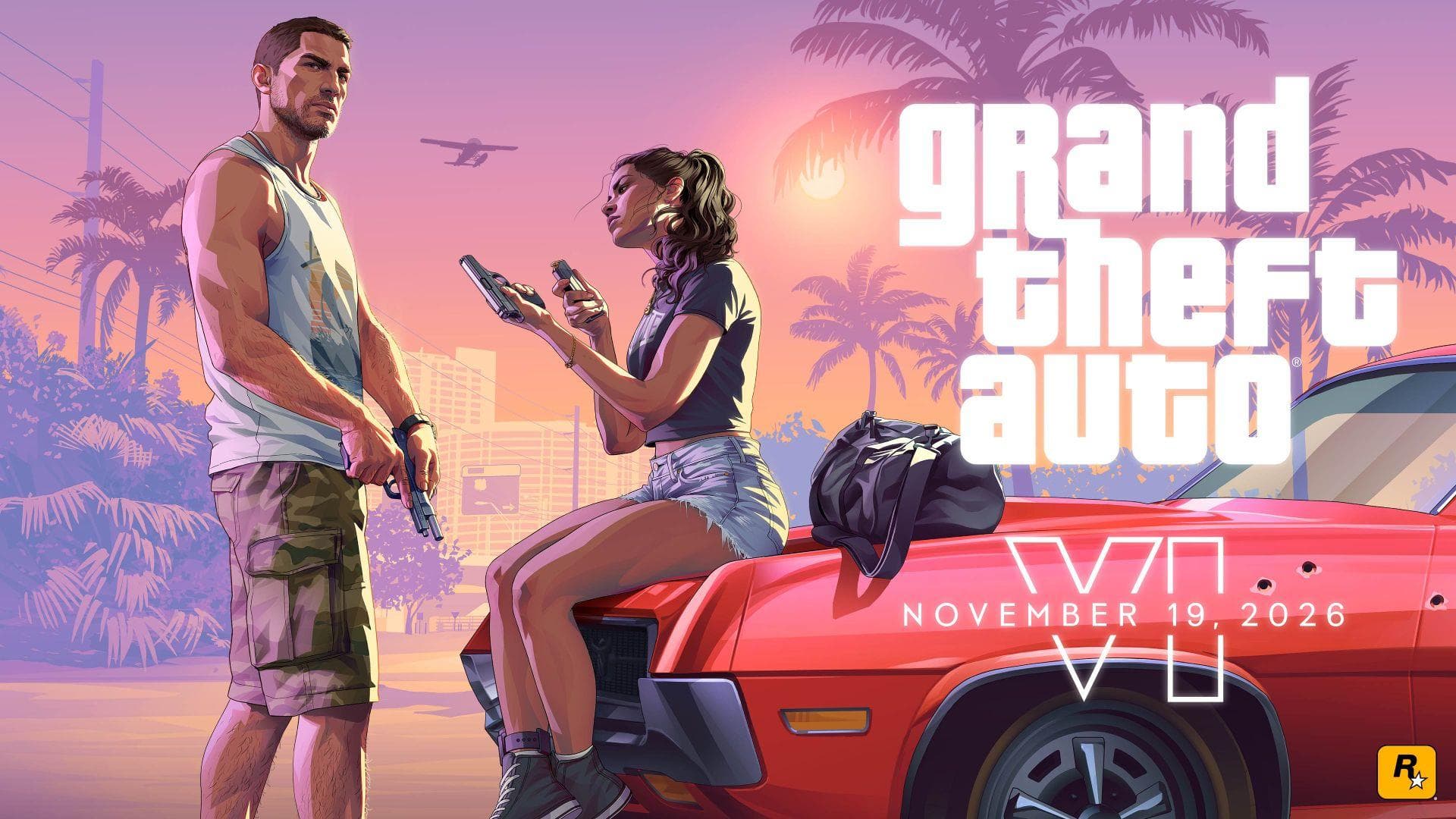 Arte do Launch Trailer de Grand Theft Auto VI, com Jason e Lucia ao lado de um carro vermelho e a data 19 de novembro de 2026