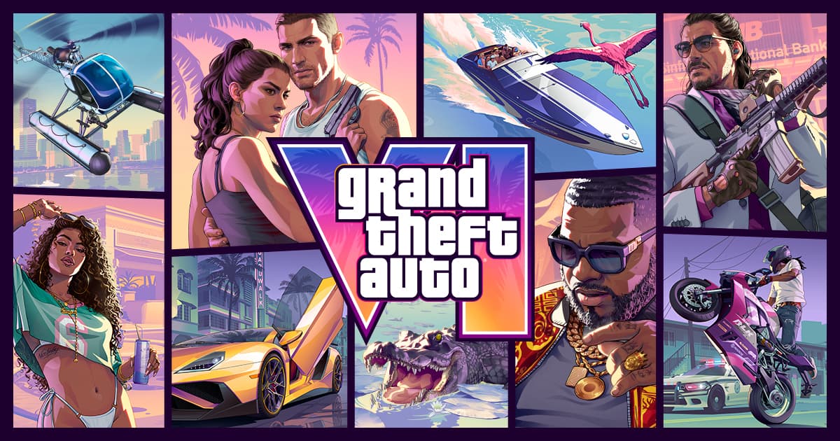 Arte oficial de Grand Theft Auto VI com personagens, carros, viatura e helicóptero de Vice City
