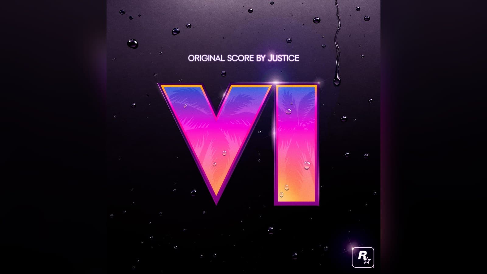 Capa do álbum Grand Theft Auto VI: Original Score, com o logo VI em neon rosa e laranja coberto de gotas de chuva e a inscrição Original Score by Justice