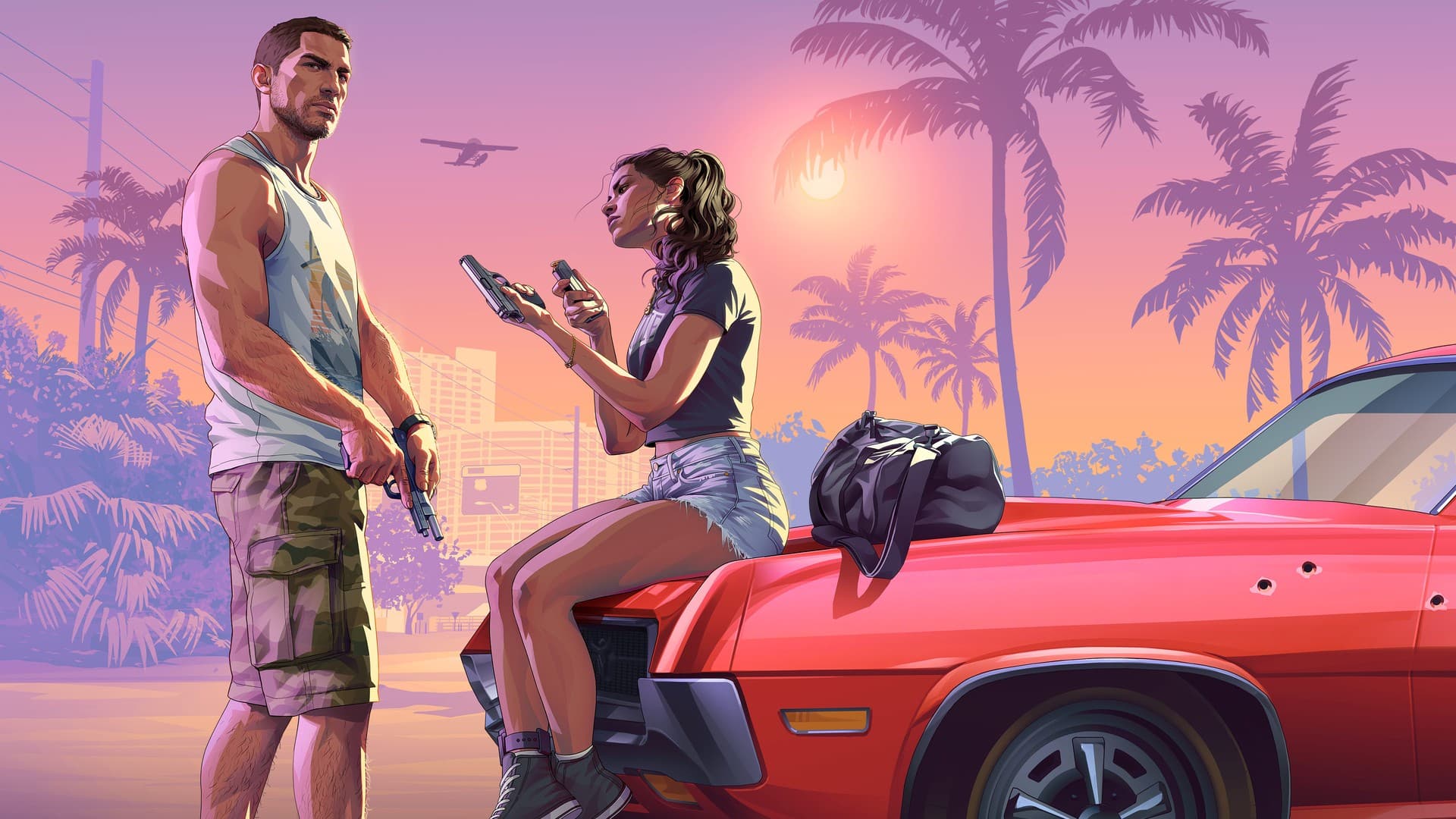 Arte oficial de GTA VI com Jason armado e Lucia carregando uma pistola sobre o capô de um carro vermelho, entre palmeiras ao pôr do sol