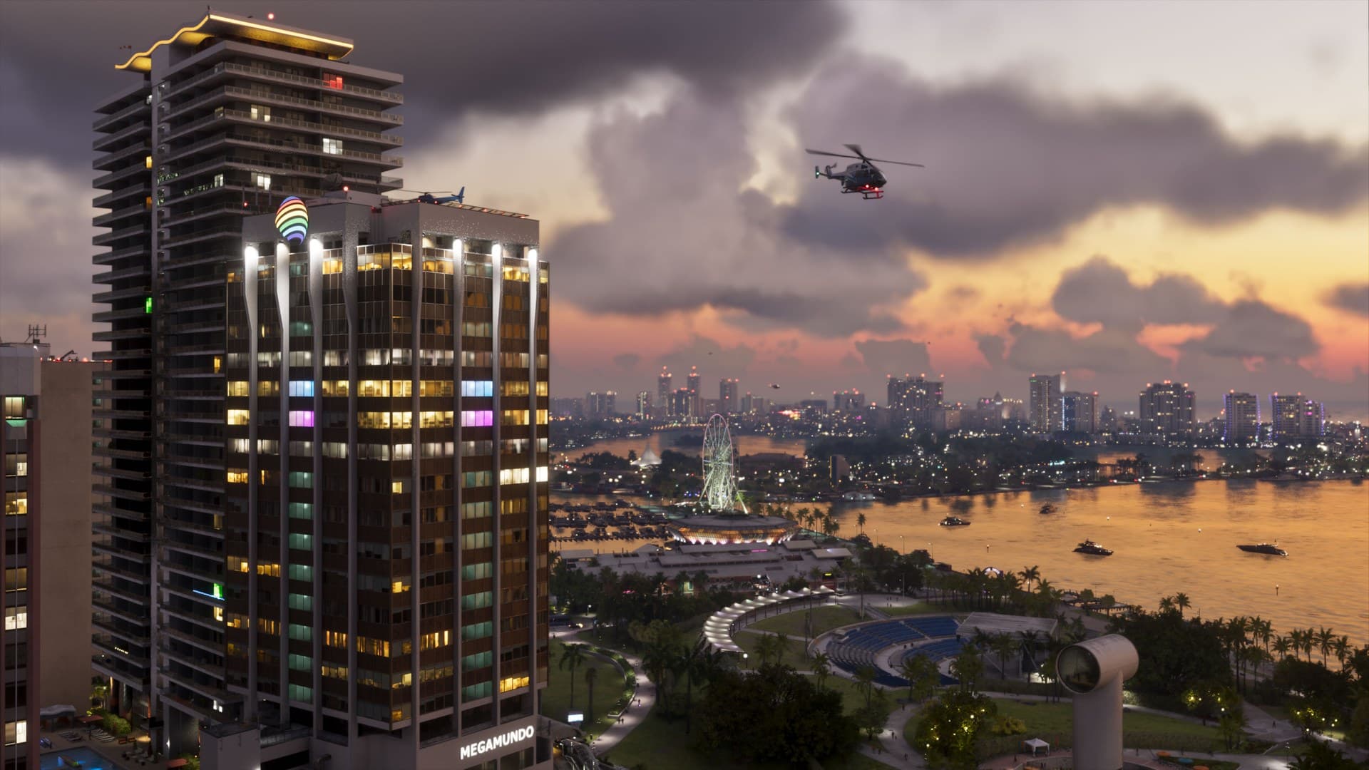 Vice City ao entardecer em imagem oficial de GTA 6, cidade inspirada em Miami