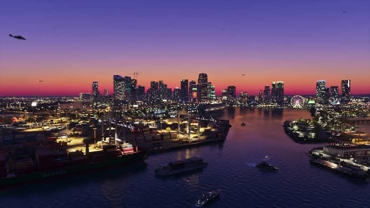 Vice City à noite vista do alto em imagem de GTA 6, jogo cuja trilha teria sido oferecida ao Daft Punk segundo boato