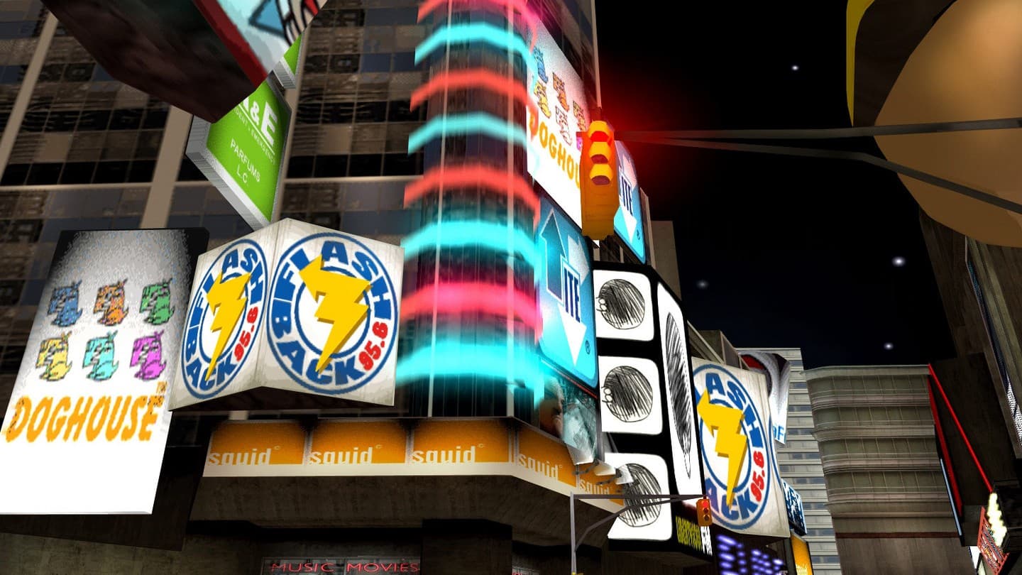 Os letreiros de Liberty City à noite em GTA III, lançado em outubro de 2001.