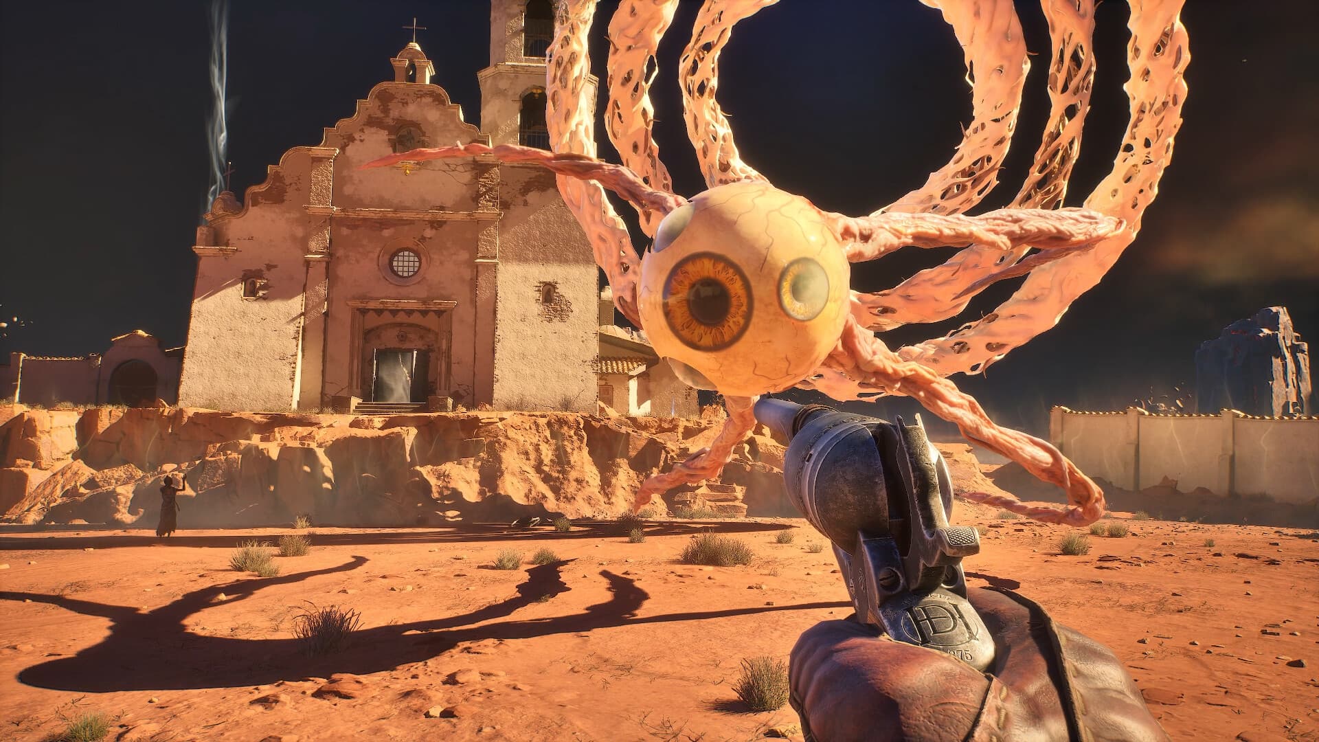 Cena de Guns of Eschaton em primeira pessoa, com um revólver apontado para uma criatura de olho gigante diante de uma igreja no deserto