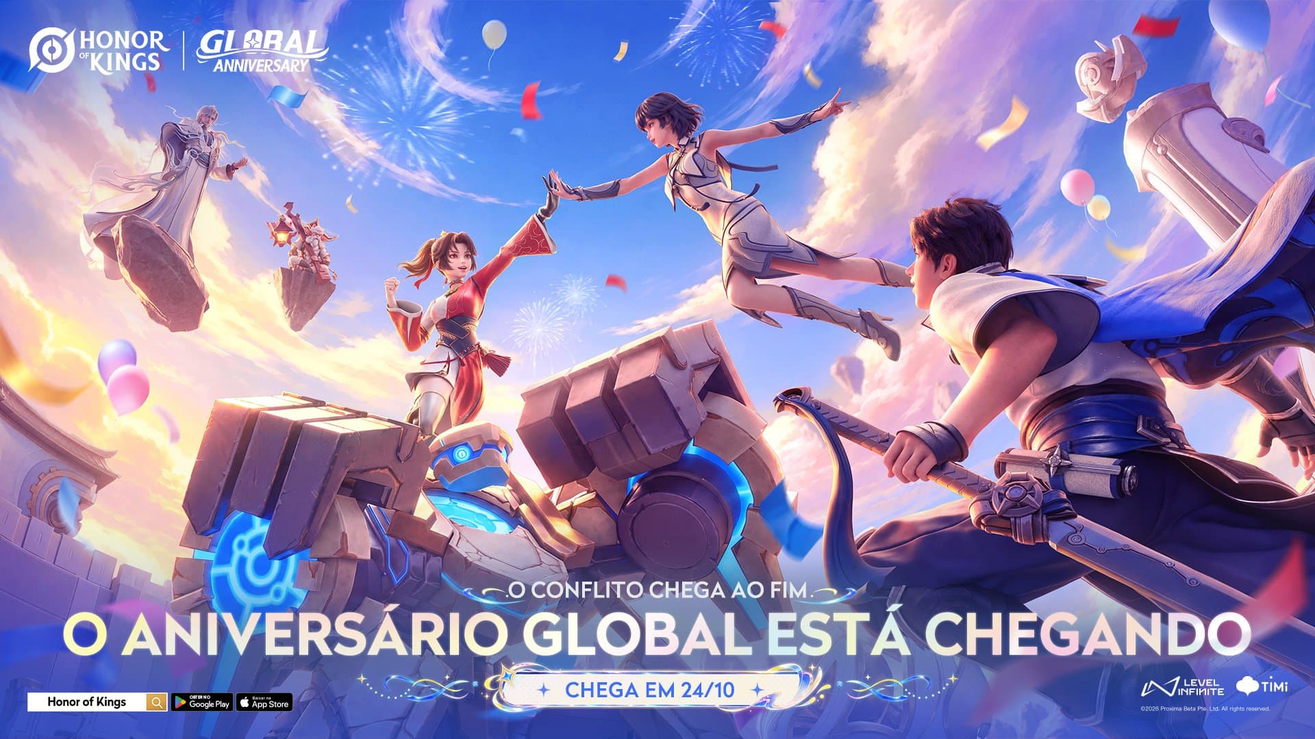 Arte oficial do aniversário global de Honor of Kings com heróis saltando entre fogos de artifício e balões