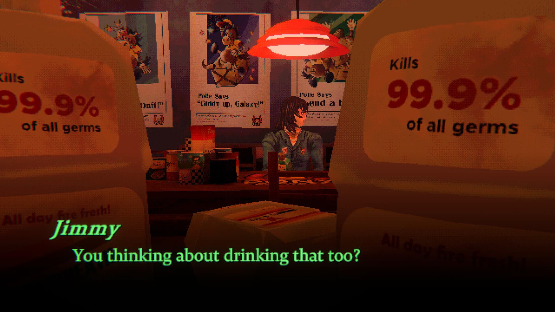 Cena de Mouthwashing com o personagem Jimmy perguntando se o jogador pensa em beber o enxaguante bucal, entre galões do produto