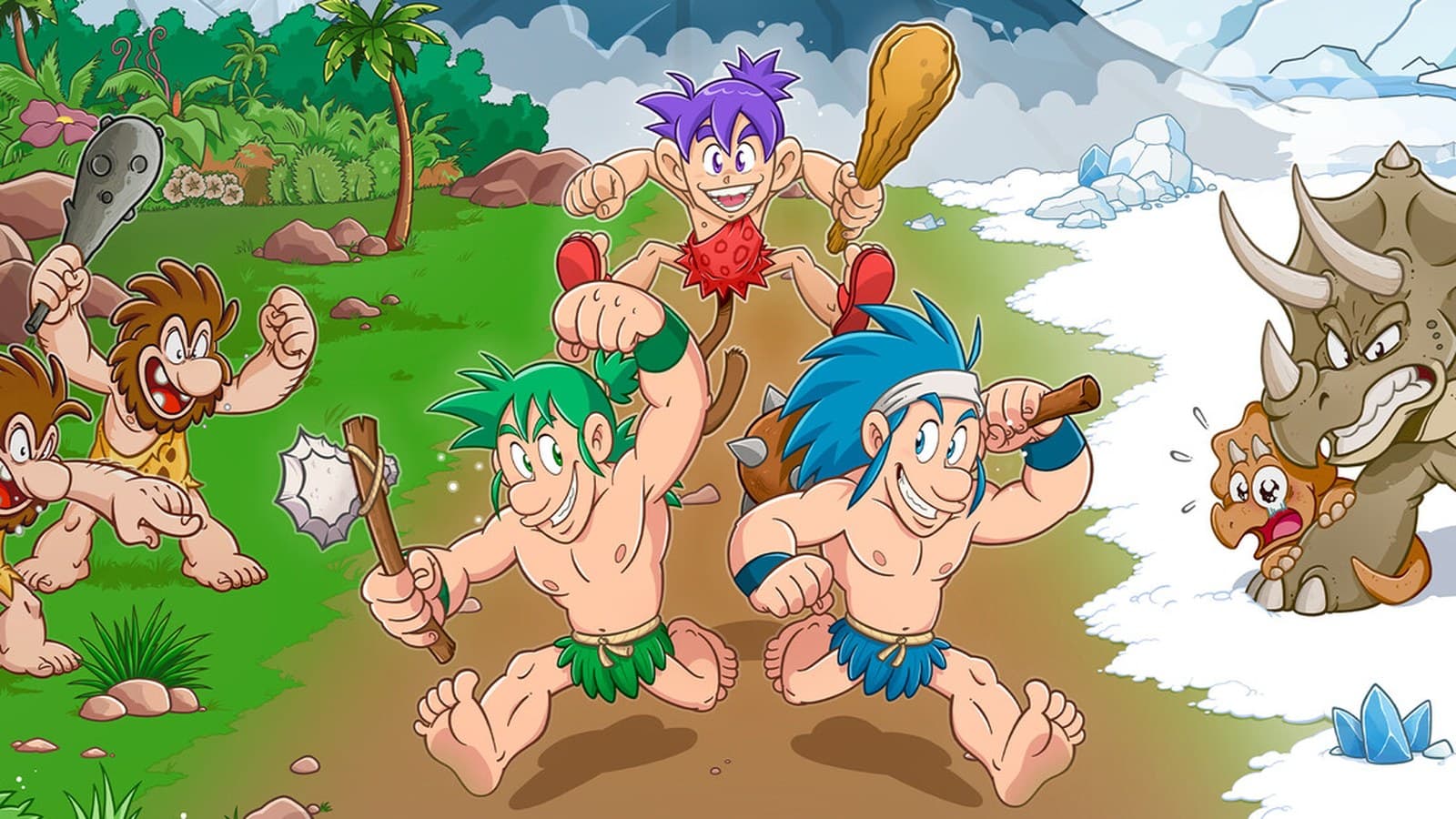 Arte oficial da Joe & Mac Retro Collection com os homens das cavernas Joe e Mac correndo com clavas ao lado de outros personagens e um dinossauro