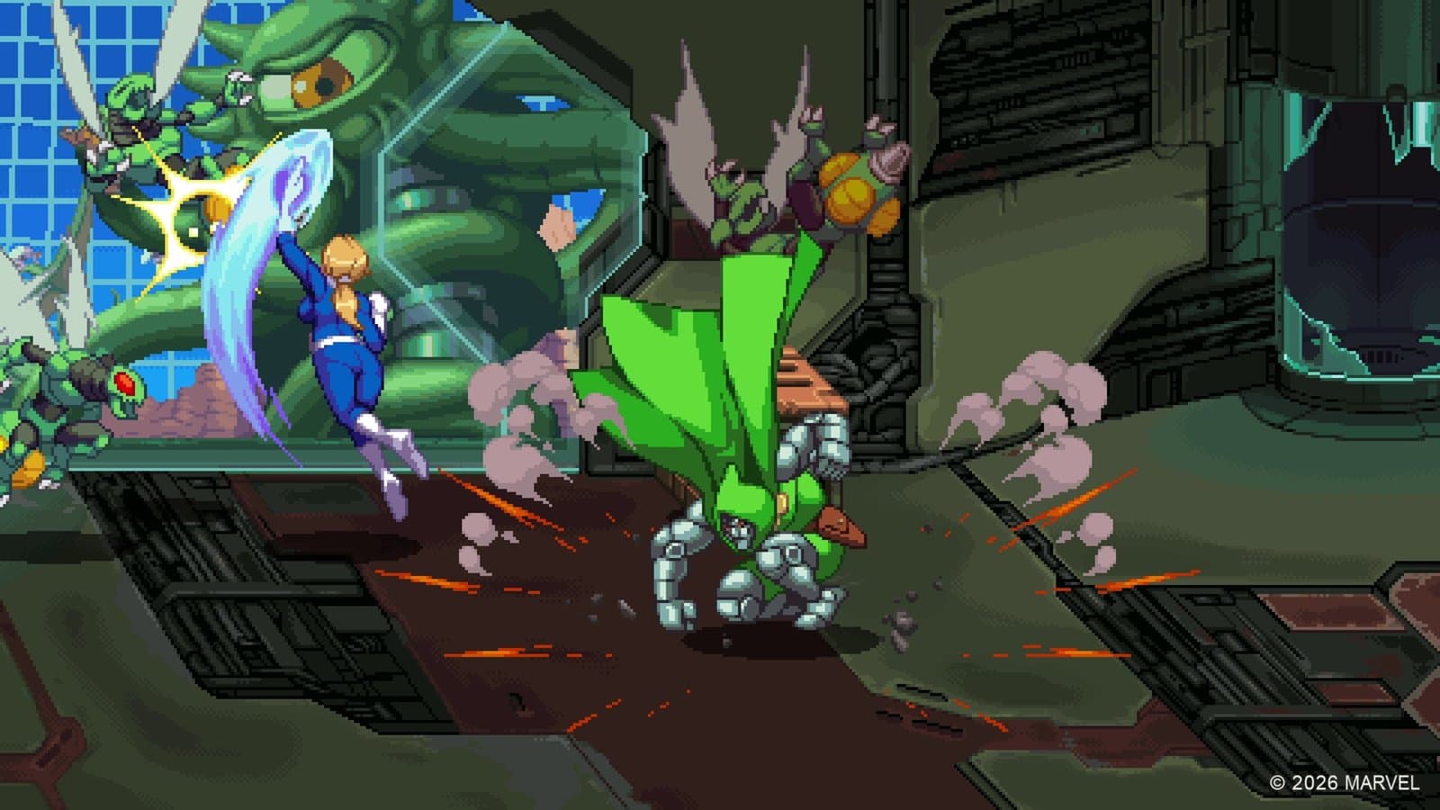 Doutor Destino e Susan Storm em combate no castelo em Marvel Cosmic Invasion