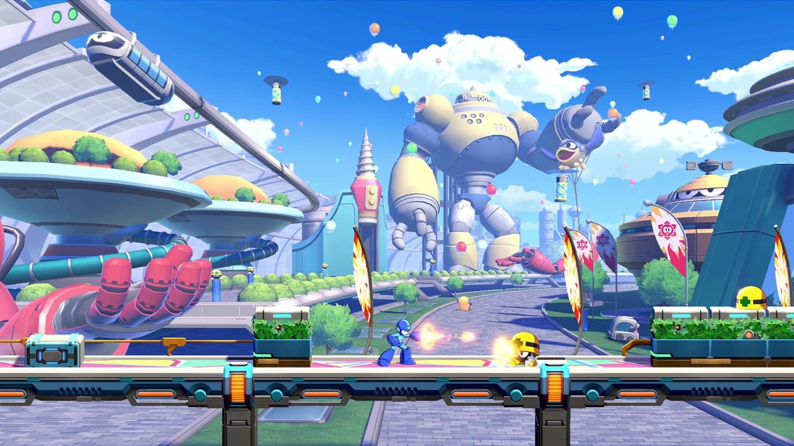 Mega Man numa fase ensolarada da exposição de robôs, com um robô gigante ao fundo