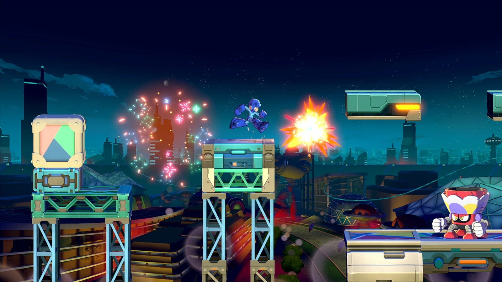 Mega Man salta entre fogos de artifício numa das fases de Dual Override.