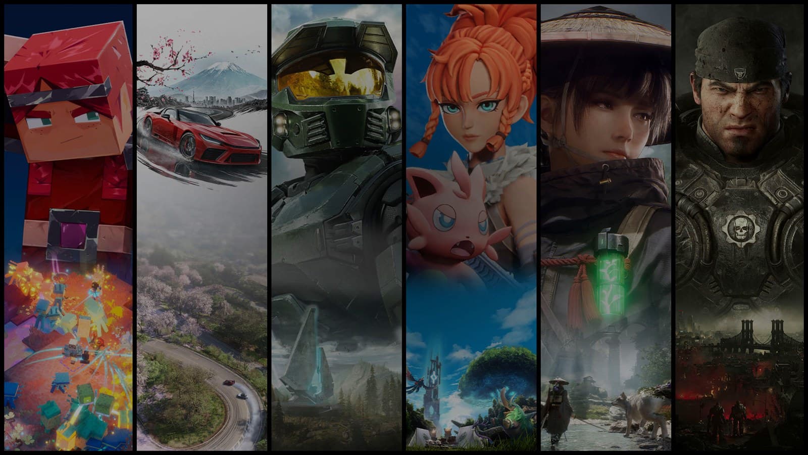Mosaico oficial do Xbox com Minecraft, Forza Horizon, Halo e Gears of War