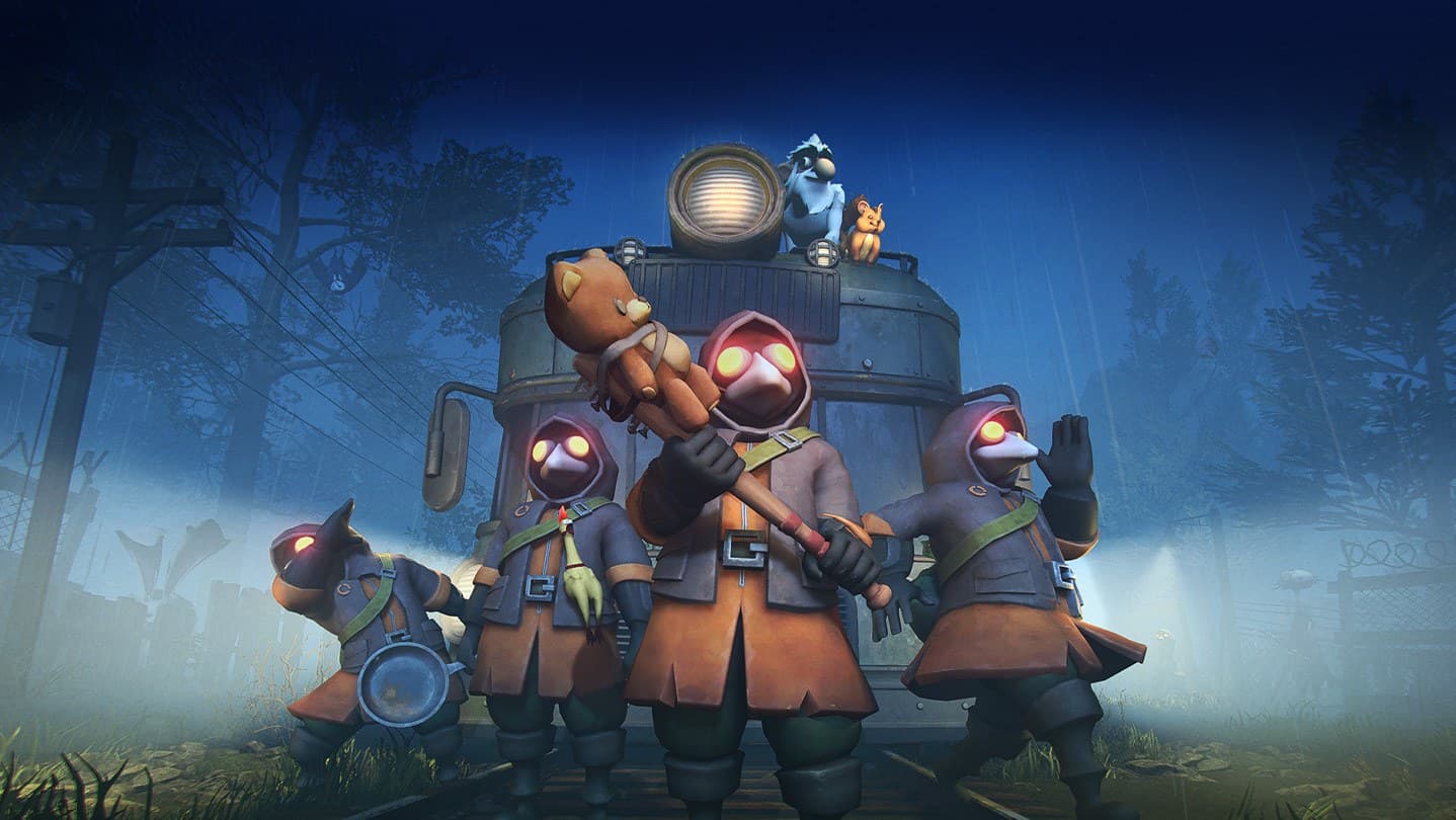 Arte oficial de MIMESIS com os sobreviventes diante do bonde na neblina
