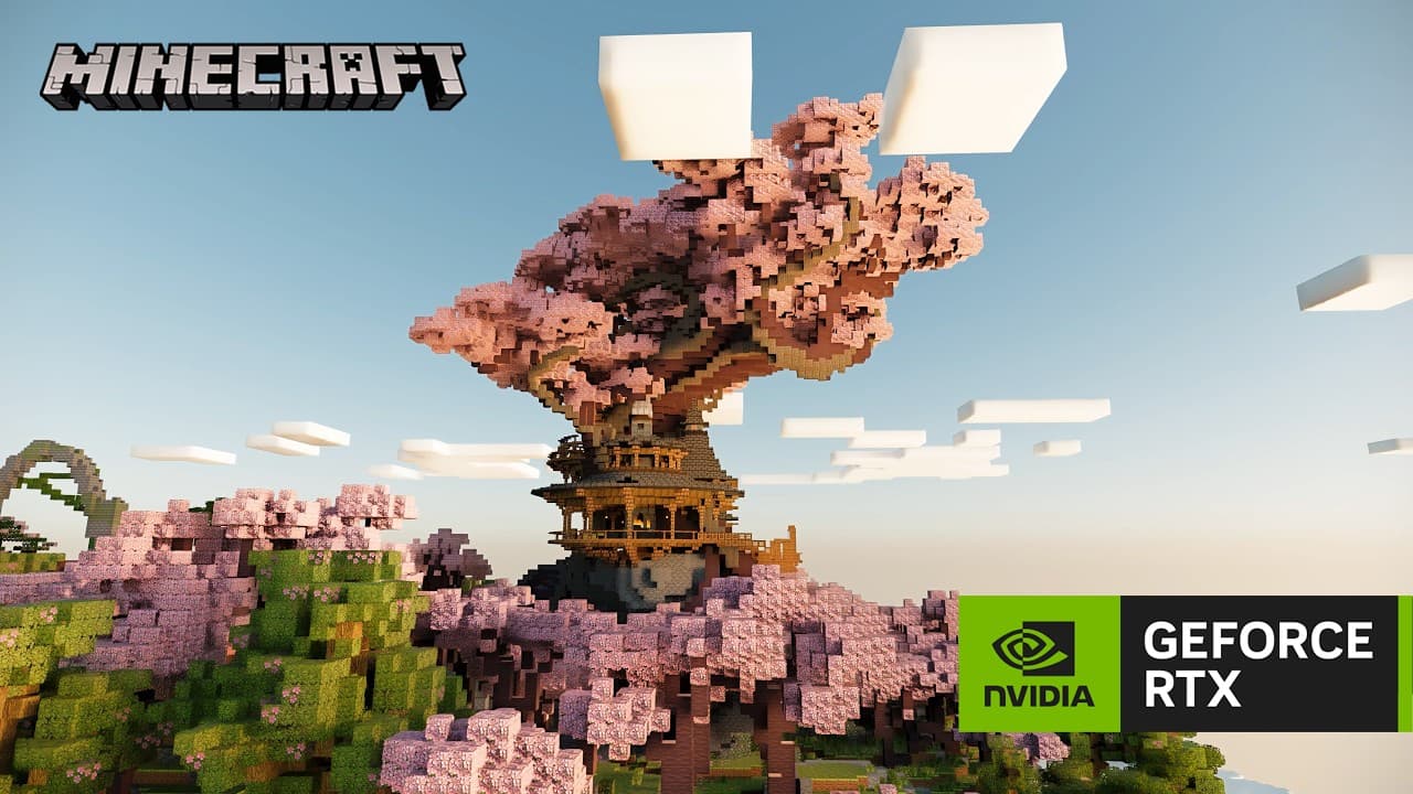 Construção de Minecraft com uma árvore de cerejeira gigante iluminada por path tracing, com os logos de Minecraft e NVIDIA GeForce RTX