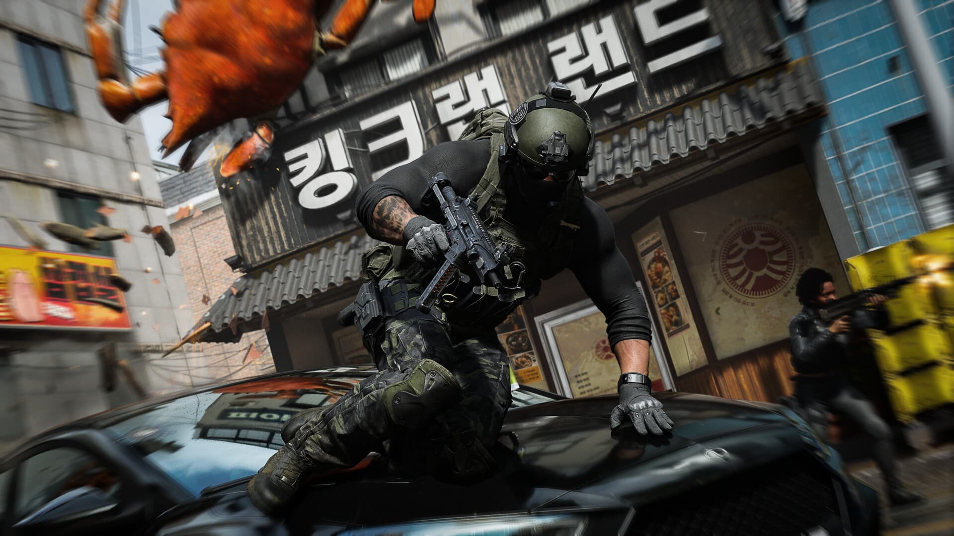 Soldado salta sobre um carro em uma rua com letreiros em coreano em Call of Duty: Modern Warfare 4