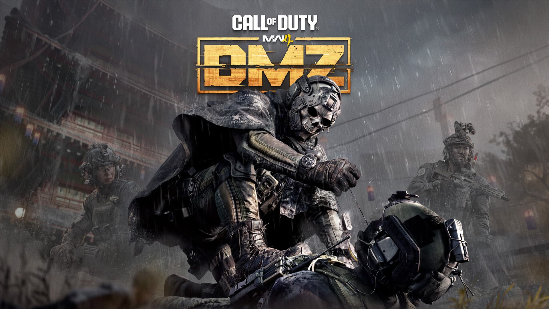 Arte oficial do DMZ de Call of Duty: Modern Warfare 4, com Operador mascarado agachado na chuva diante de um templo em Hajin