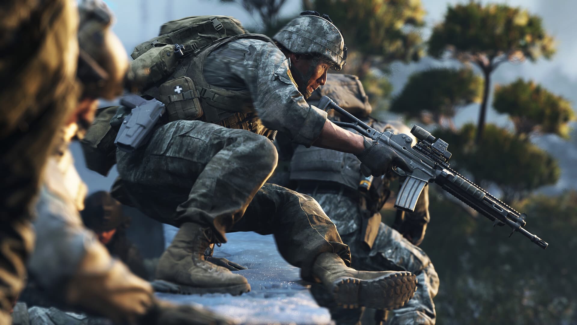 Esquadrão avança agachado em terreno com neve em cena de Call of Duty: Modern Warfare 4