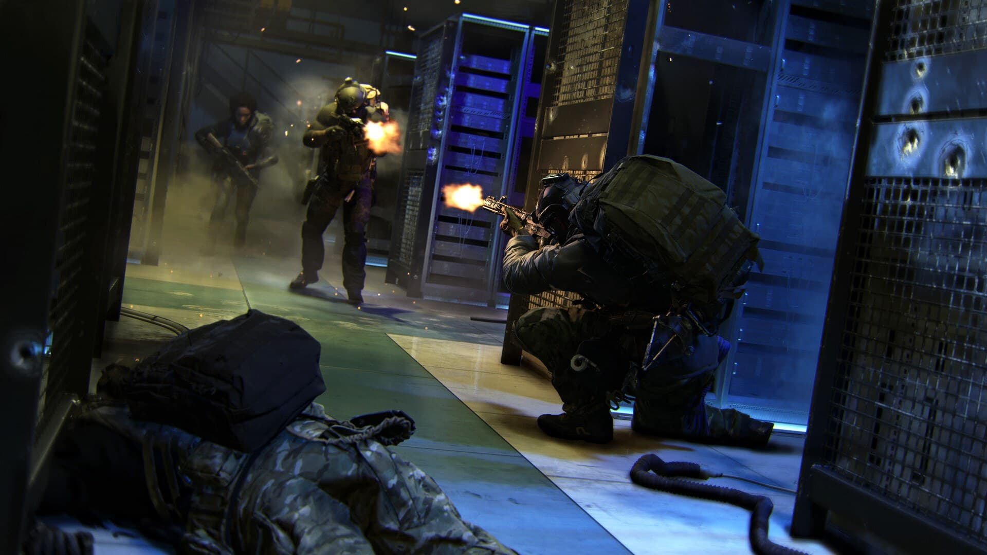 Combate numa sala de servidores em Call of Duty: Modern Warfare 4, que recebeu atualização de 39 GB no Switch 2