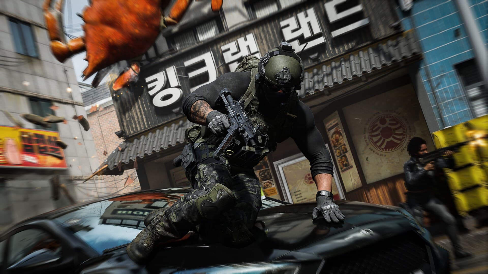 Operador salta sobre um carro numa rua coreana em Call of Duty: Modern Warfare 4, que bateu 227 mil jogadores simultâneos no Steam