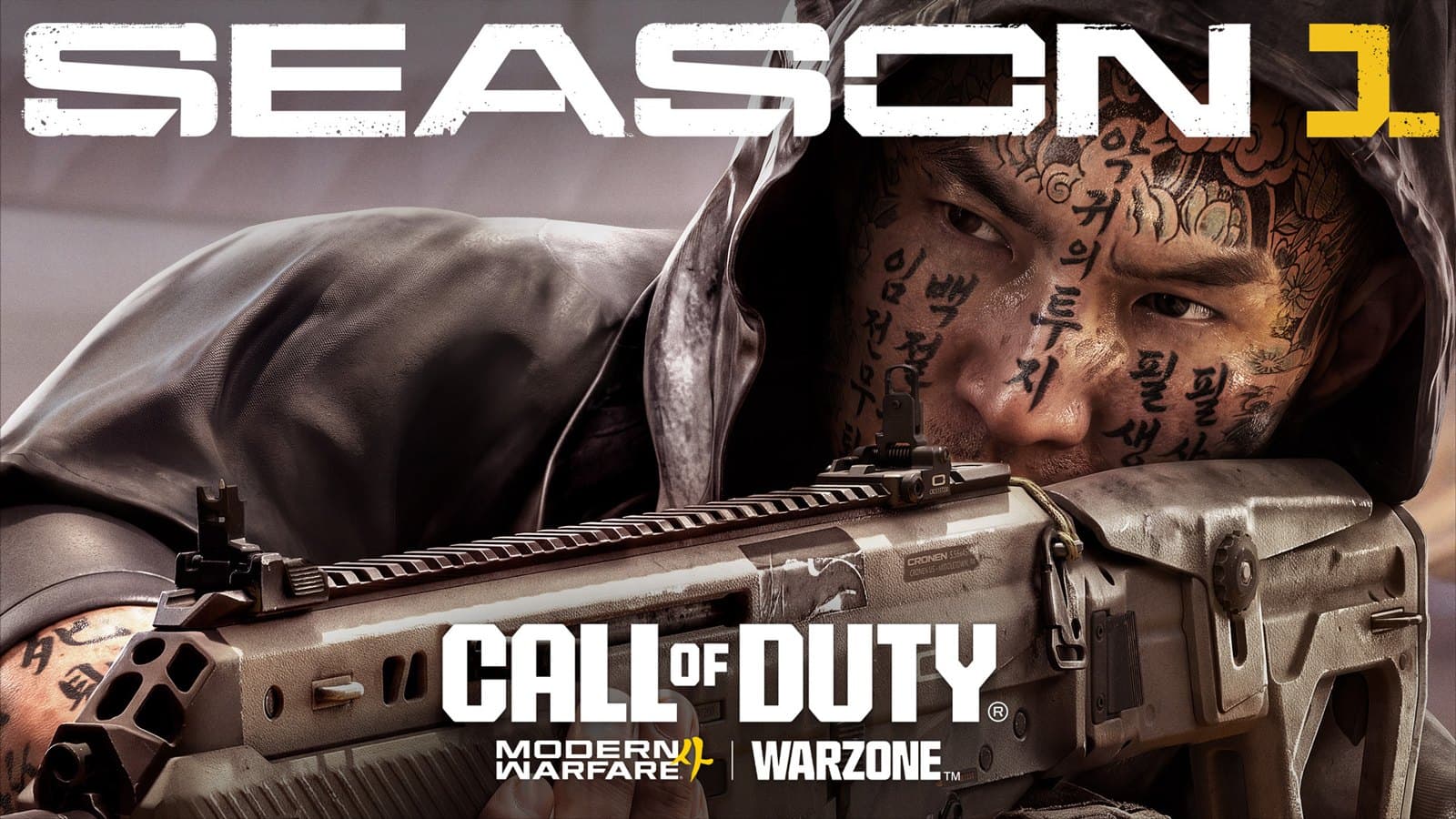 Arte oficial da Temporada 1 de Modern Warfare 4: soldado de capuz com tatuagens no rosto empunha um fuzil