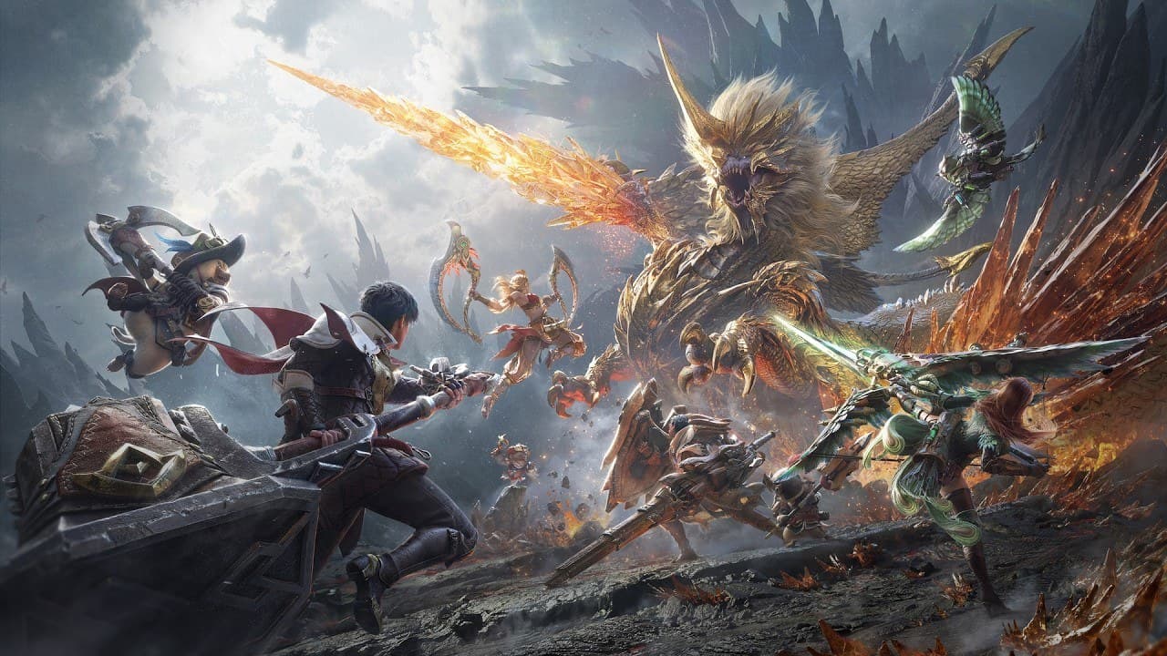 Arte de lançamento de Monster Hunter Outlanders com Aventureiros enfrentando monstros