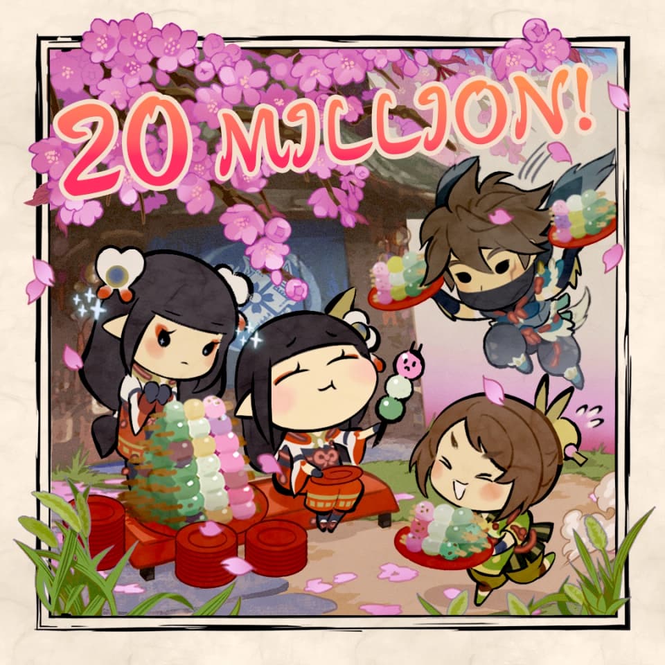 Personagens de Monster Hunter Rise reunidos com dangos na arte oficial de comemoração dos 20 milhões de cópias