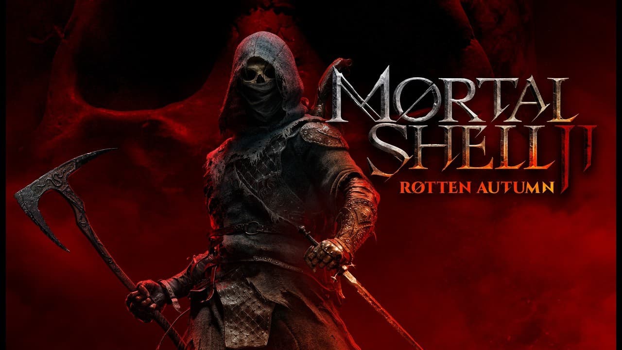 Guerreiro encapuzado com foice em fundo vermelho na arte oficial da atualização Rotten Autumn de Mortal Shell II