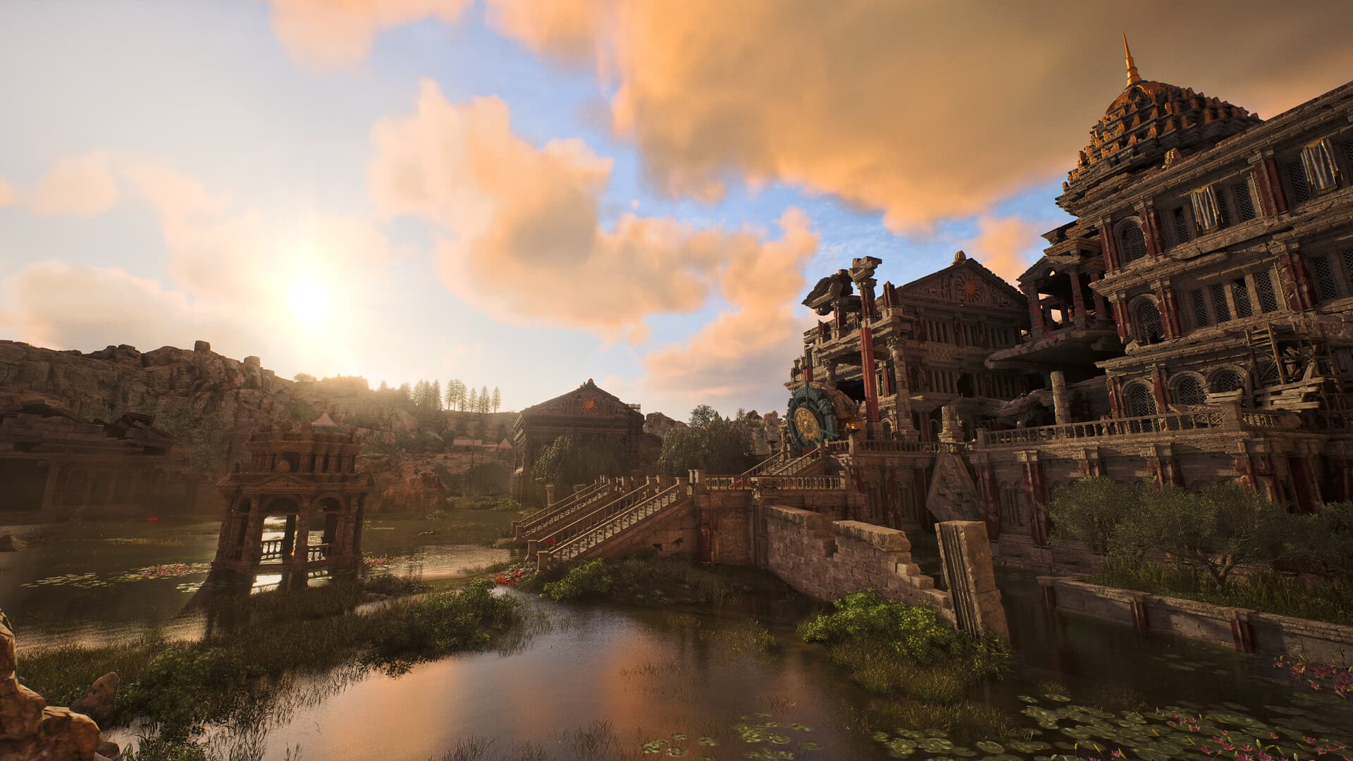 Um vilarejo oriental diante de um lago ao pôr do sol em ArcheAge Chronicles.