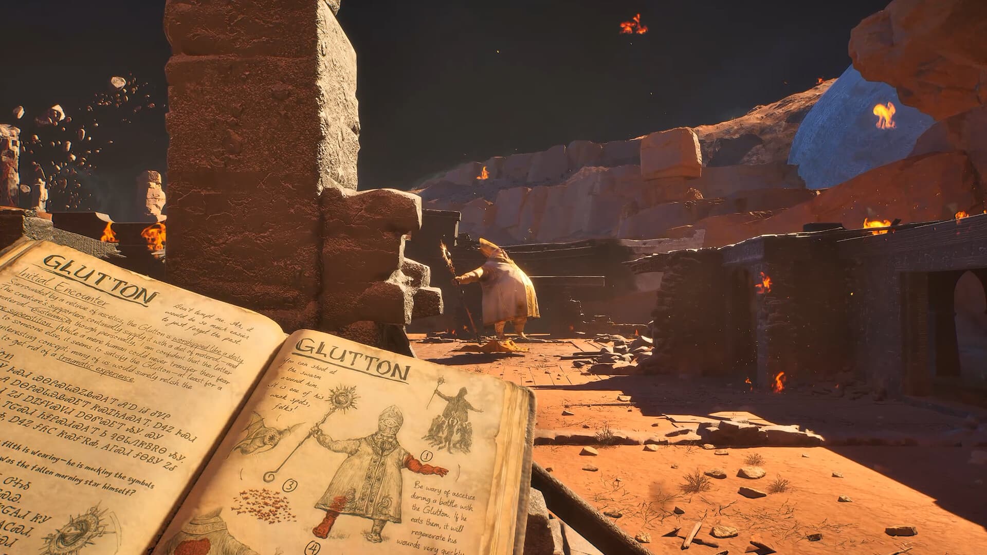 Um bestiário aberto mostra o inimigo Glutton em Guns of Eschaton.