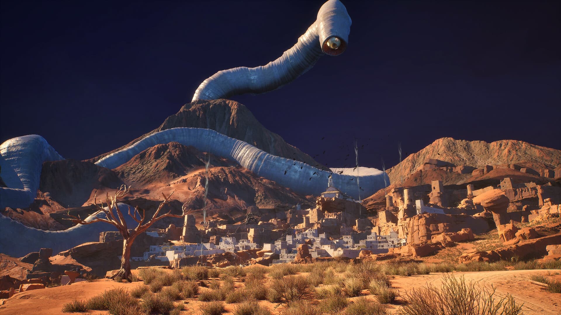 Um verme gigante azul sobre um vilarejo no deserto em Guns of Eschaton