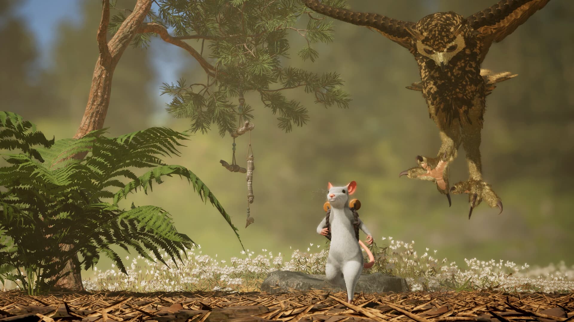 Um ratinho encara uma coruja em Hela: of Mice & Magic.