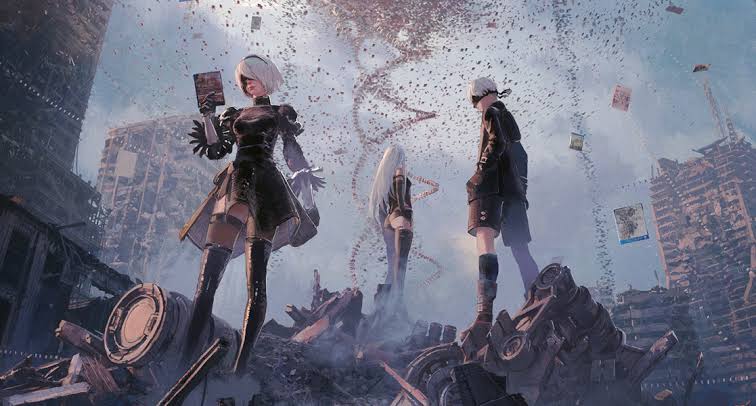 2B, 9S e A2 em arte de NieR: Automata