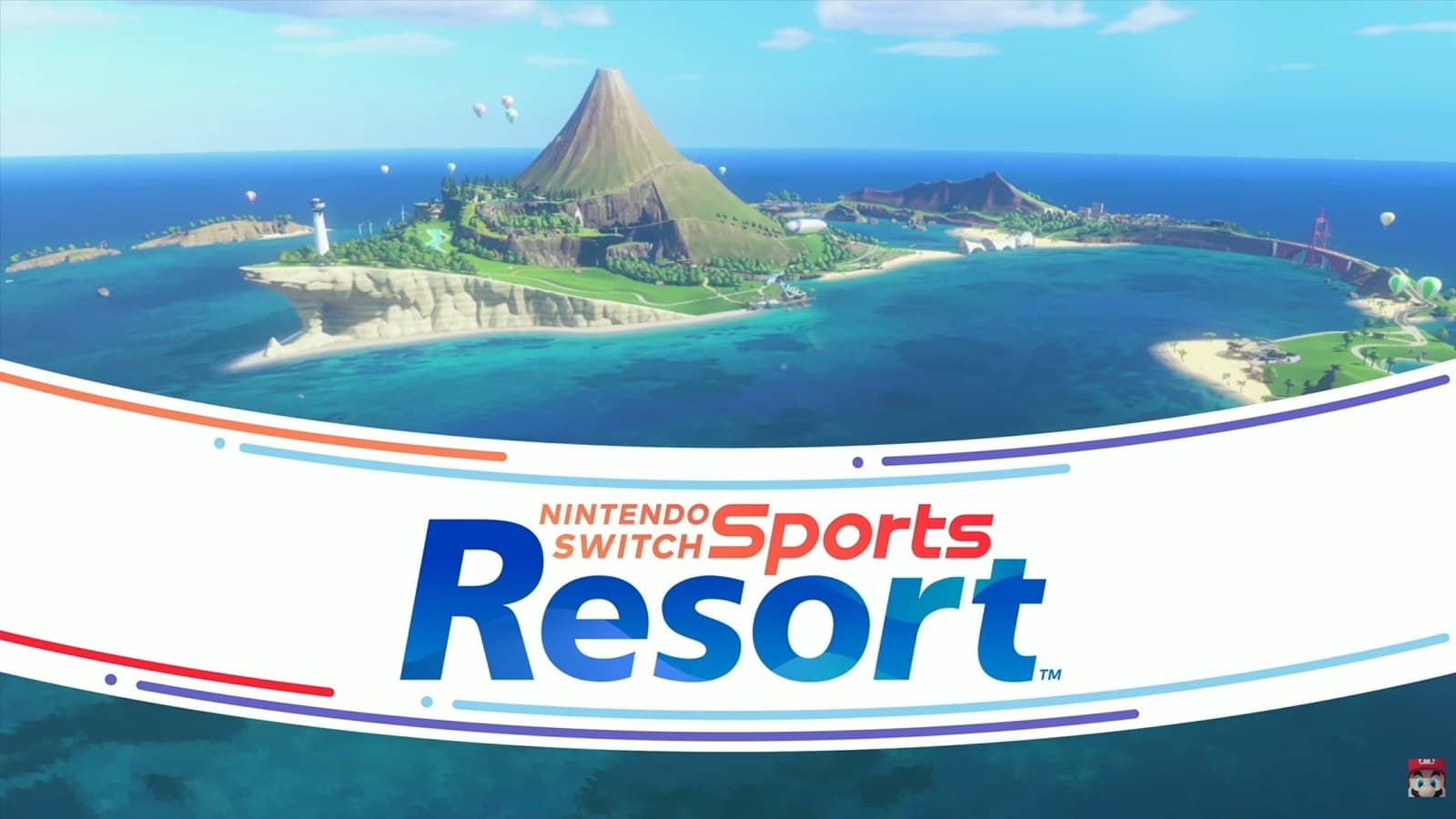 Arte oficial de Nintendo Switch Sports Resort com a ilha Spocco Resort e o logo do jogo