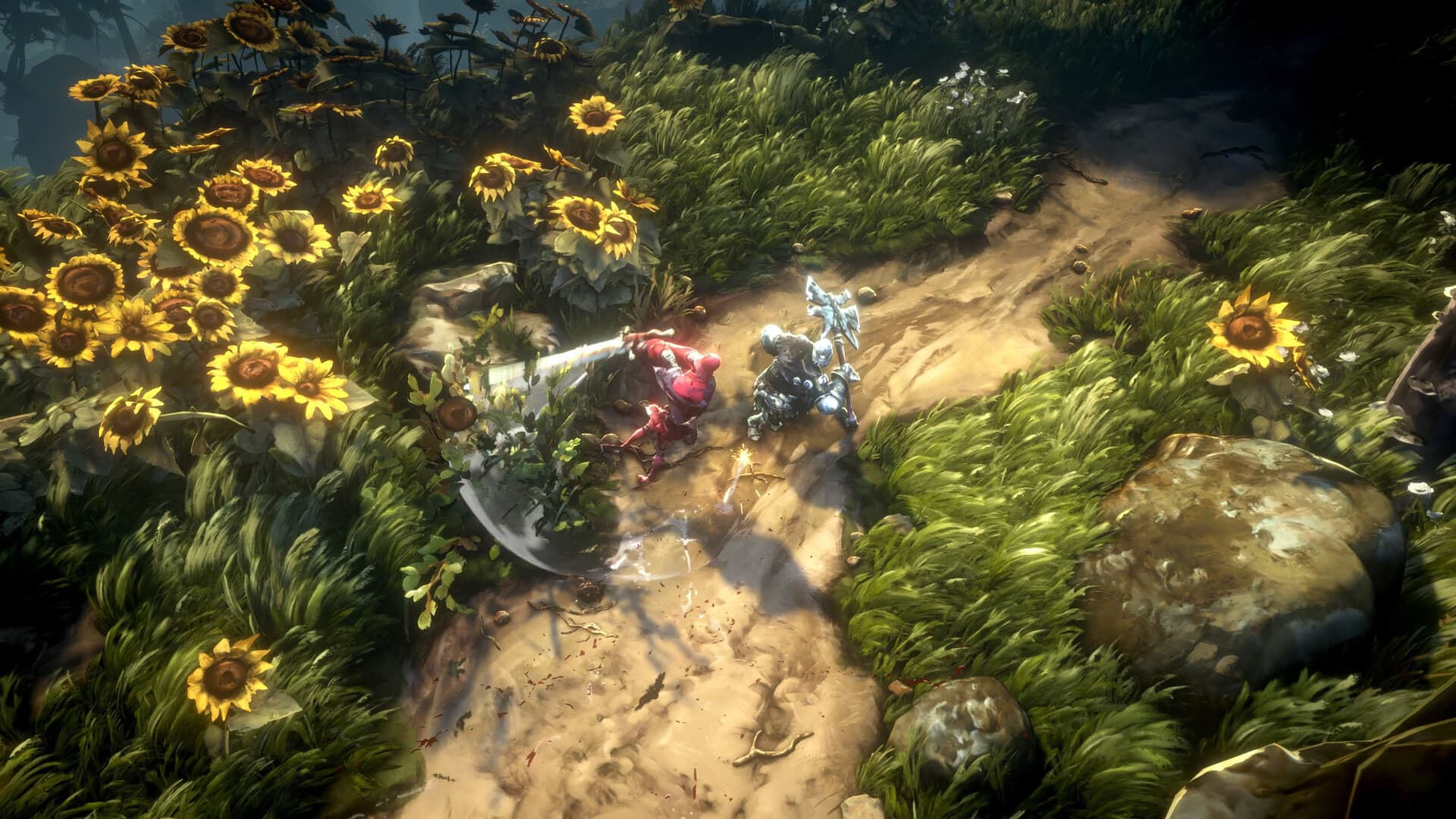 Combate em campo de girassóis em No Rest for the Wicked, do Moon Studios