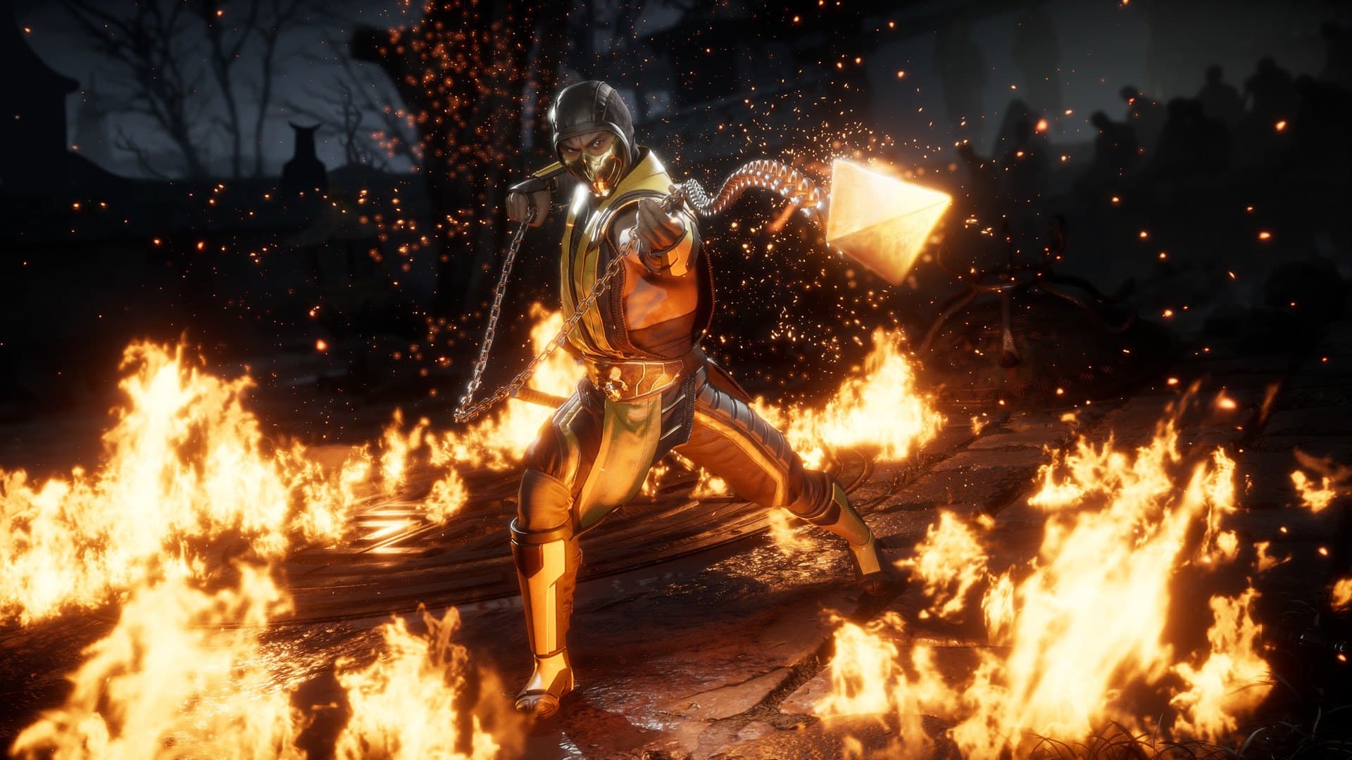 Scorpion envolto em chamas em Mortal Kombat 11