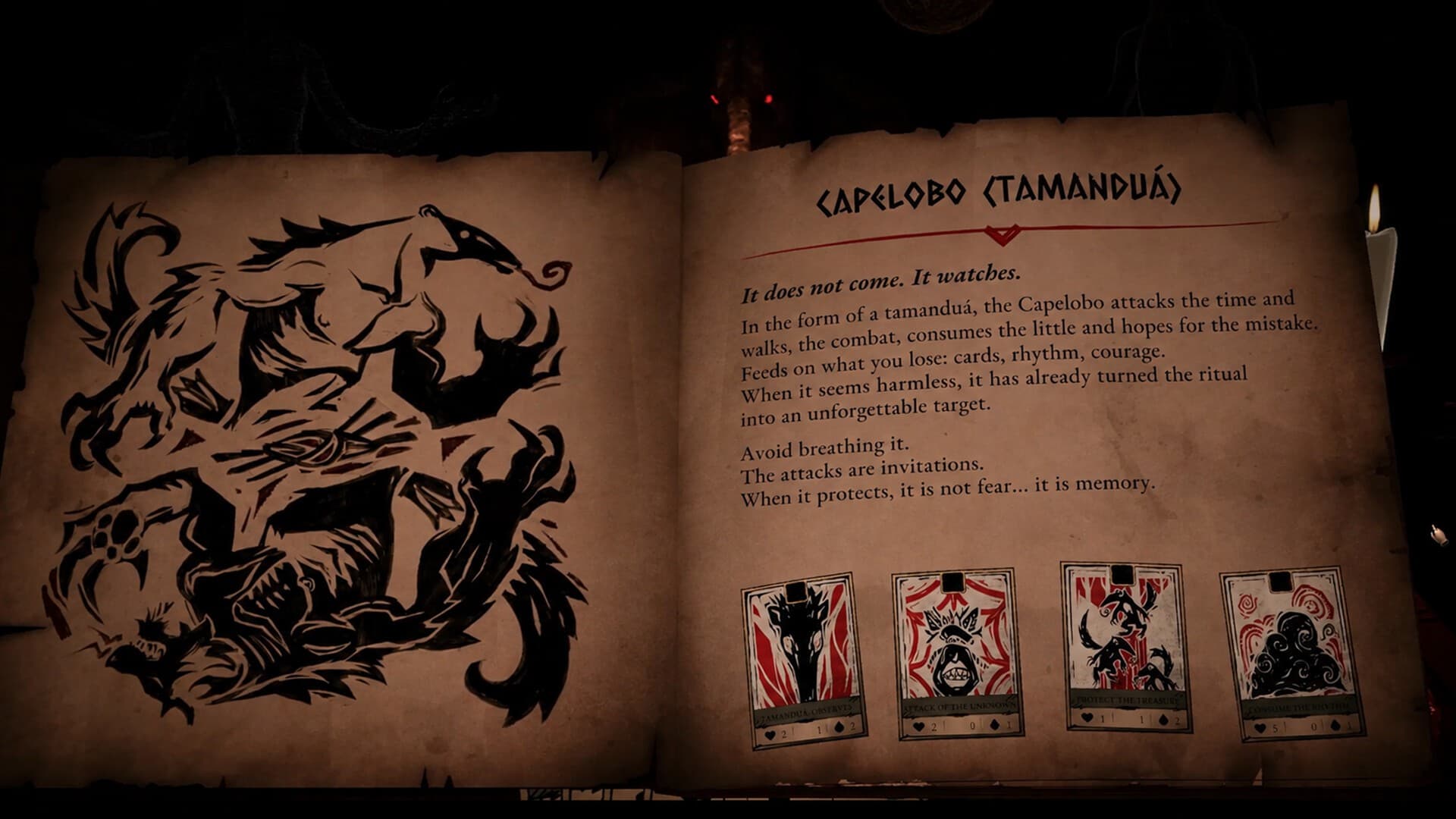 Página do grimório de Obscurium com o Capelobo em forma de tamanduá, ilustrado em estilo de xilogravura