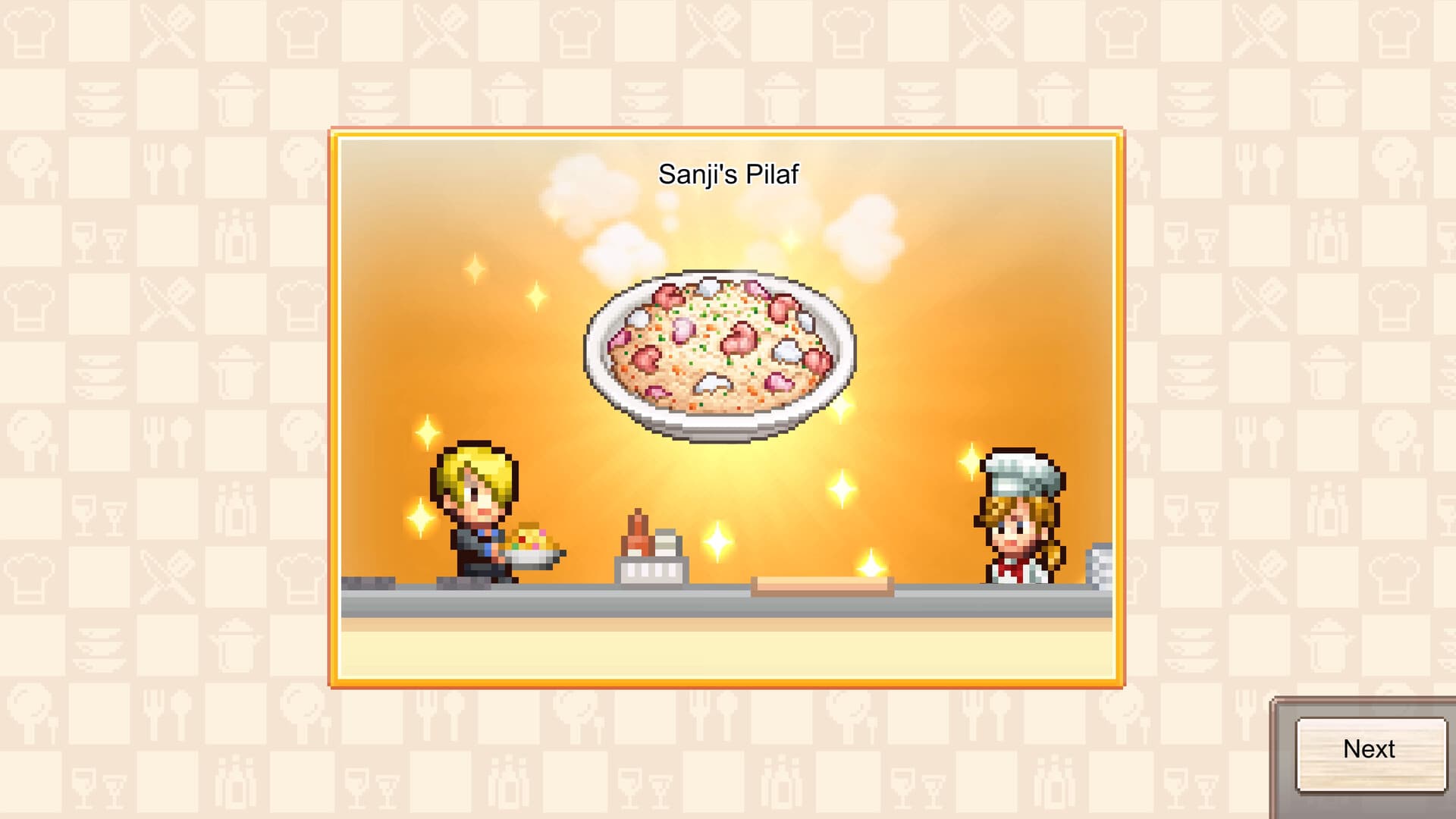 Tela de ONE PIECE: Grand Gourmet com Sanji servindo o prato Sanji's Pilaf ao lado de uma cozinheira, em pixel art