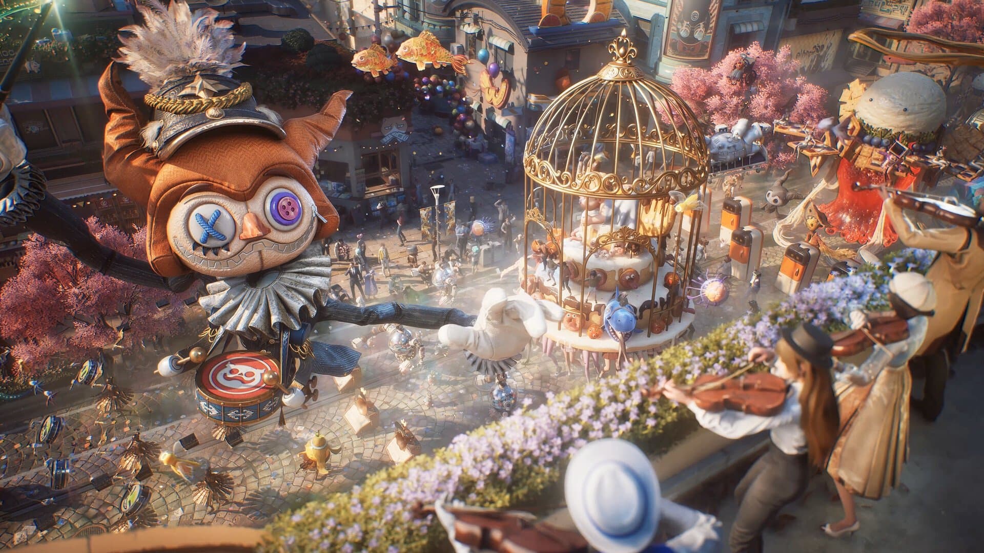 Rua da cidade flutuante de Elysian Skies, com uma criatura de pelúcia gigante e um carro alegórico em forma de gaiola