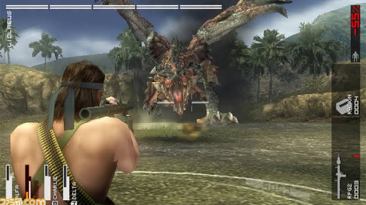 Big Boss e um lança-foguetes contra um Tigrex. É isso mesmo que você está vendo.