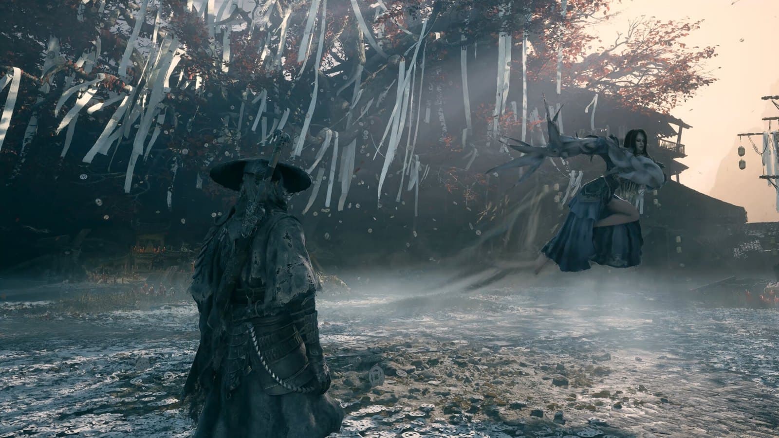 Soul encara um inimigo em meio a pétalas ao vento em Phantom Blade Zero