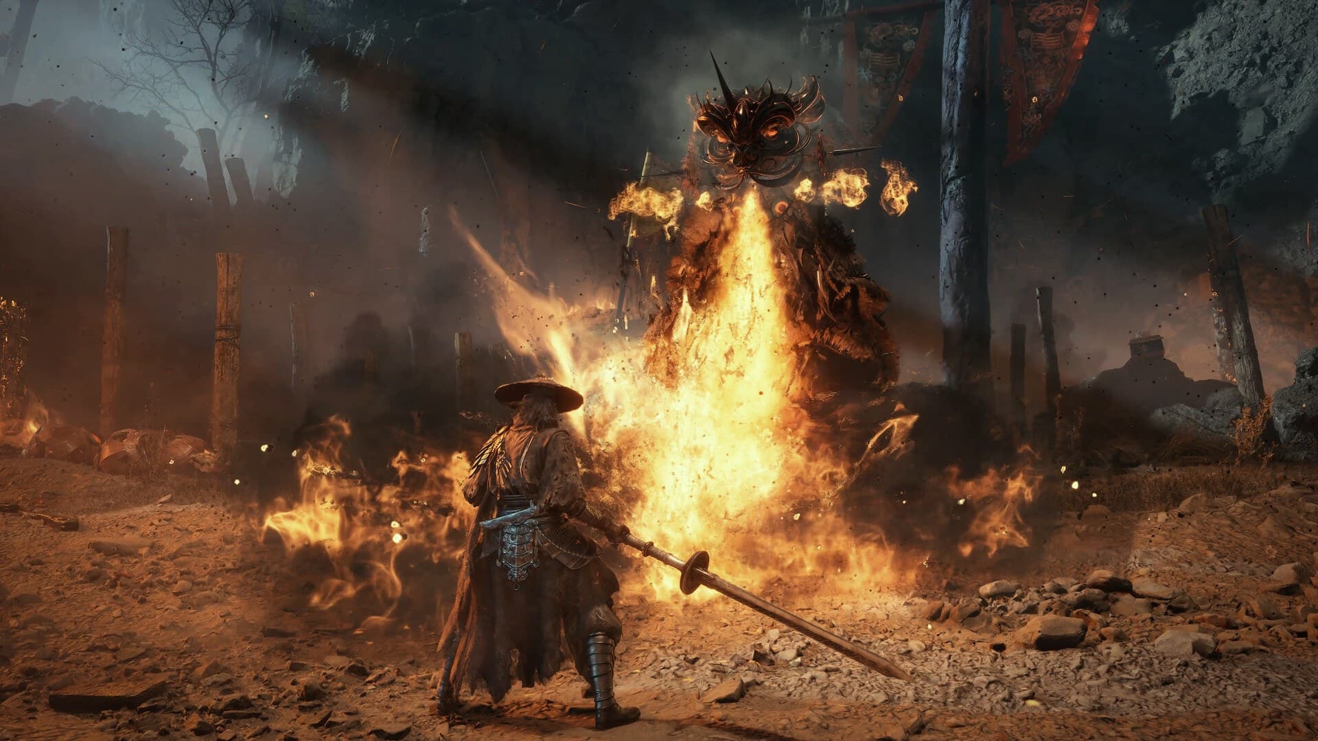 Imagem oficial de Phantom Blade Zero com Soul enfrentando um chefe cercado de fogo