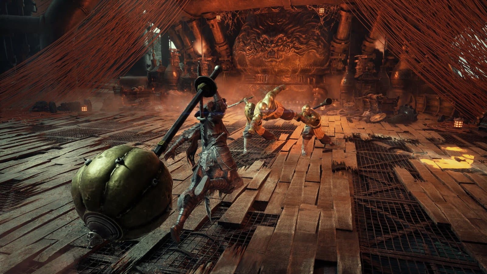 Soul enfrenta um chefe armado com uma maça gigante numa arena de Phantom Blade Zero